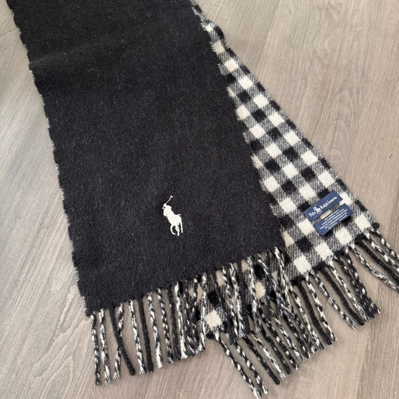 Polo Ralph Lauren Lamb wool black white gingham plaid fringe scarf NWOT - Picture 8 of 8